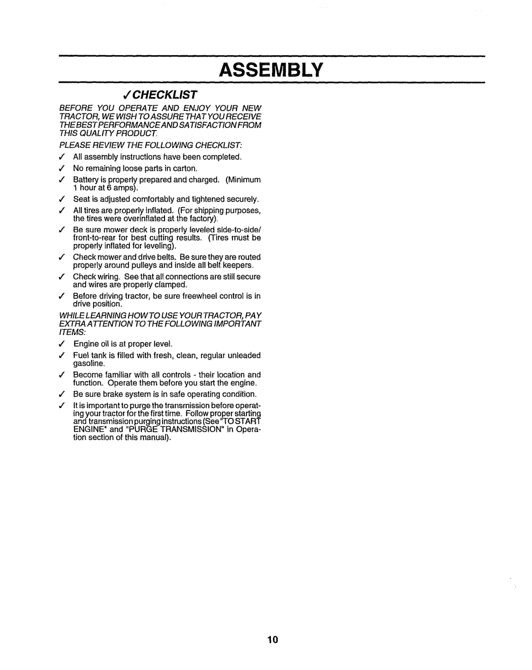 Sears 917.25049 owner manual Checklist 