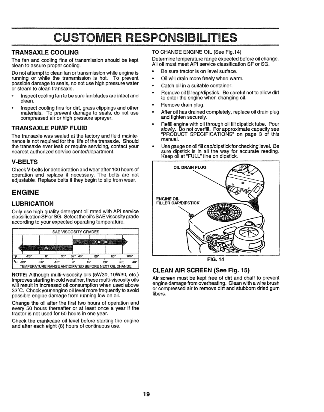 Sears 917.25049 owner manual Engine, Transaxle Cooling, Transaxle Pump Fluid, Clean AIR Screen See Fig, Belts 