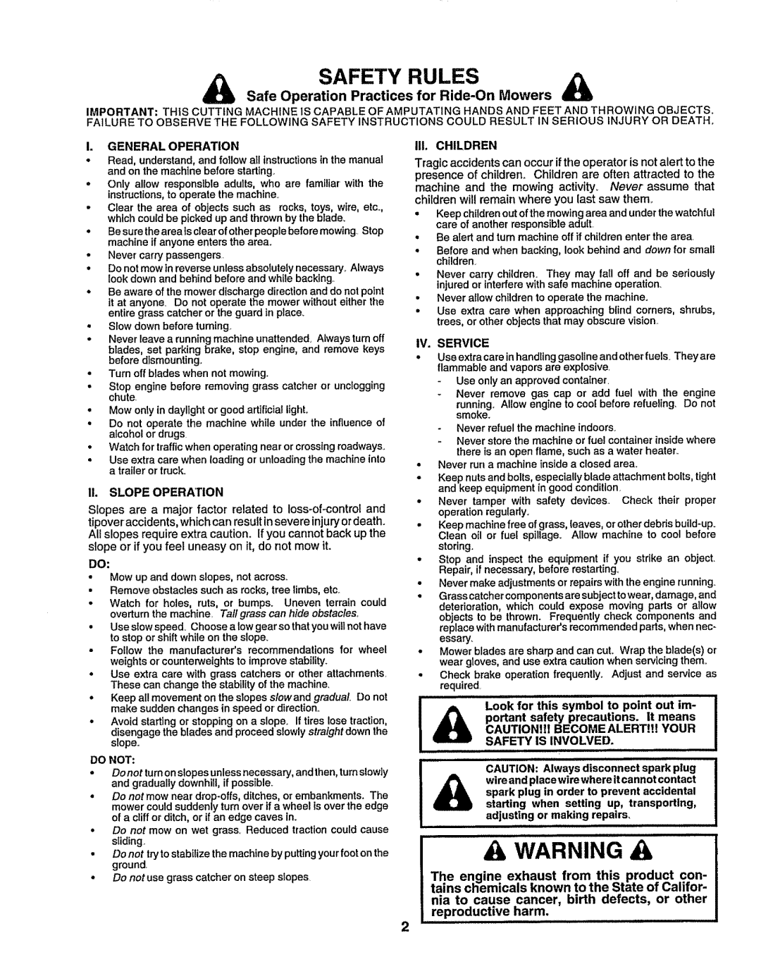 Sears 917.25049 owner manual Safe Operation Practices for Ride-On Mowers, Slope Operation 