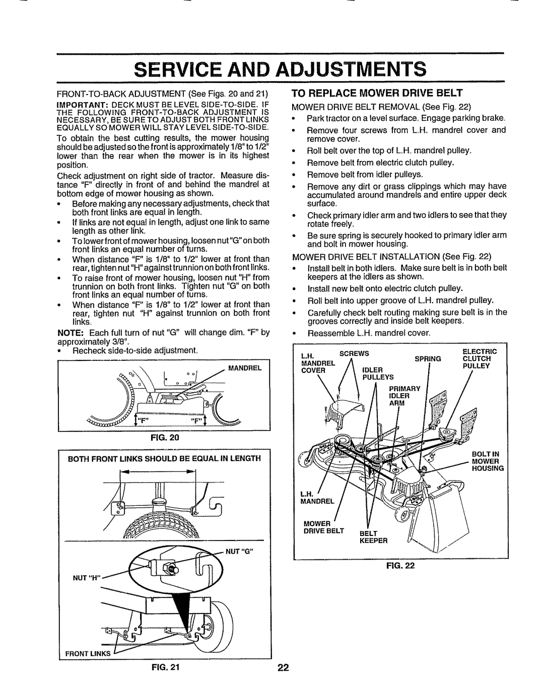 Sears 917.25049 owner manual Service and Adjustments, To Replace Mower Drive Belt, Mower Drive Belt Removal See Fig22 