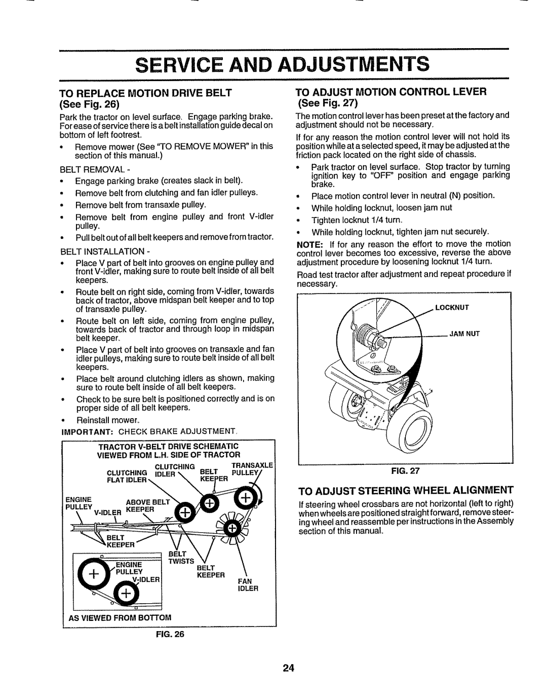 Sears 917.25049 owner manual To Adjust Motion Control Lever, To Adjust Steering Wheel Alignment, See Fig 