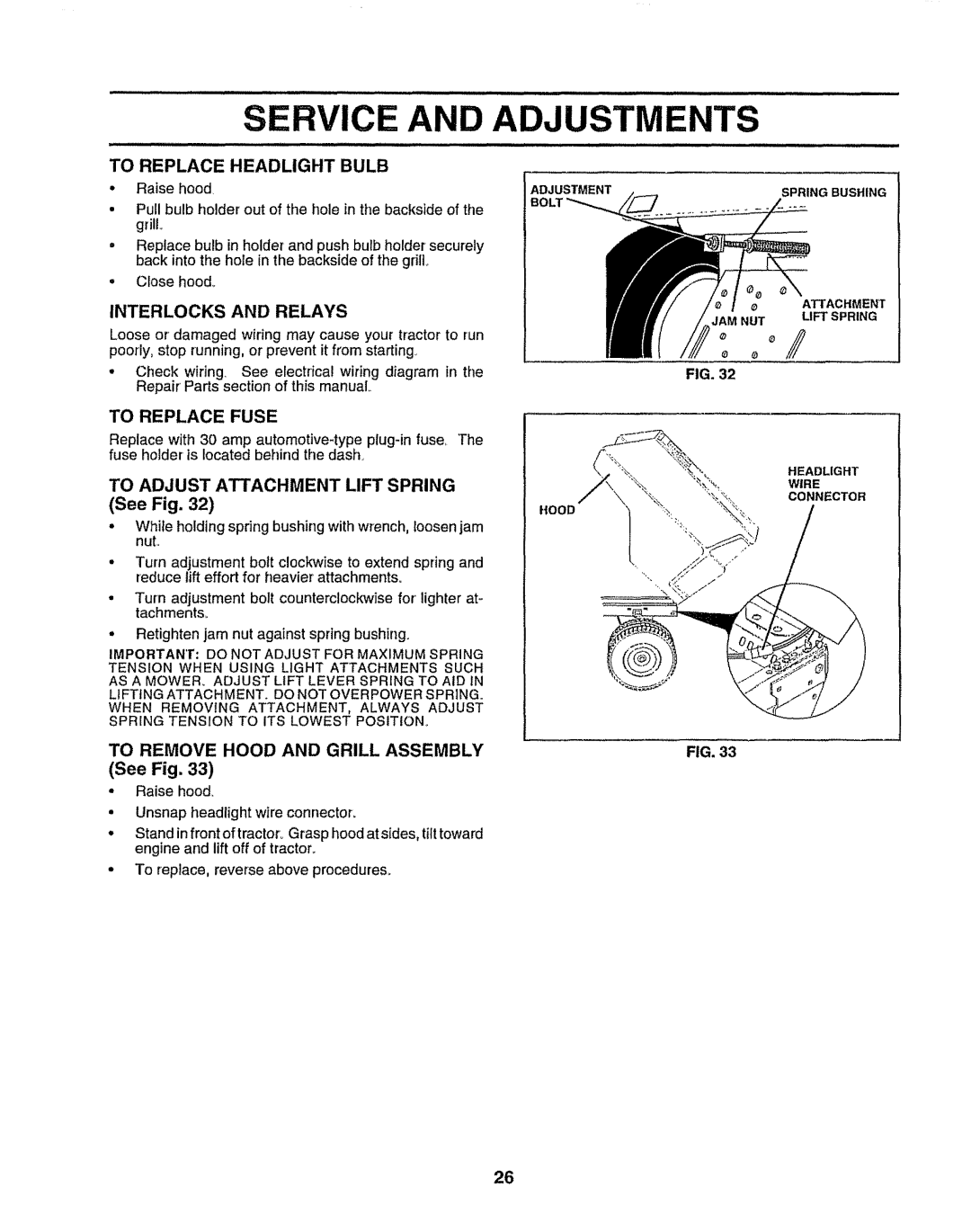 Sears 917.25049 To Replace Headlight Bulb, Interlocks and Relays, To Replace Fuse, To Adjust Attachment Lift Spring 