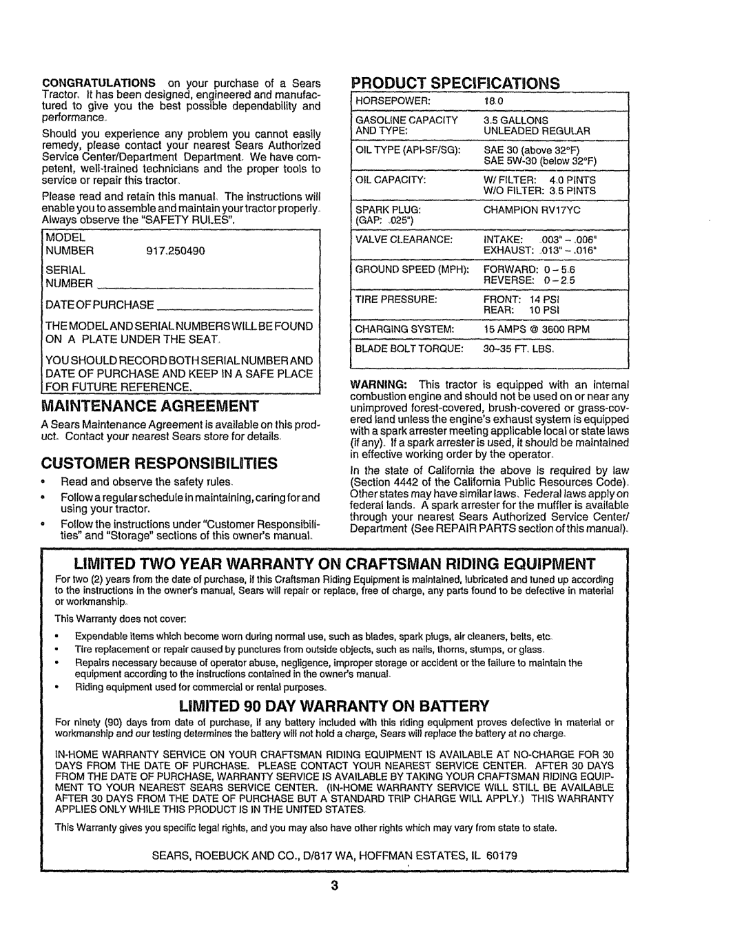 Sears 917.25049 Maintenance Agreement, Product Specifications, Limited TWO Year Warranty on Craftsman Riding Equipment 