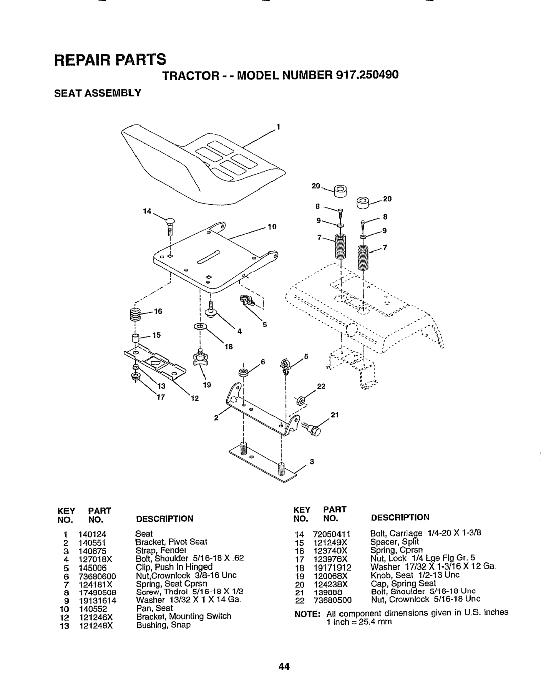 Sears 917.25049 owner manual Seat Assembly 