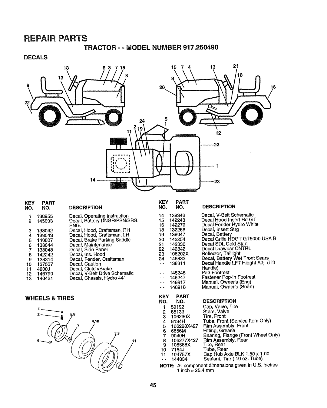 Sears 917.25049 Decals, Wheels & Tires, 245 1112, Stem, Valve 106230X Tire, Front, Tube, Front Service Item Only 