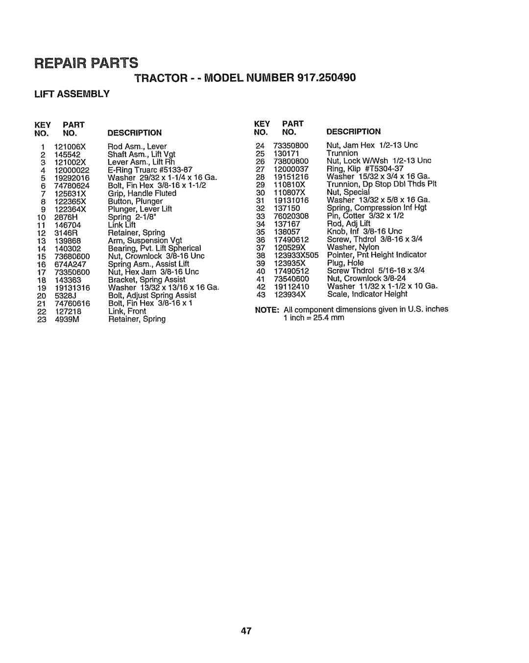 Sears 917.25049 owner manual 73350800, Rod, Adj Lift, Spring Assist 