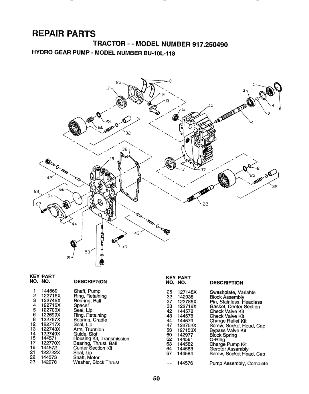 Sears 917.25049 owner manual Tractor --MODEL Number, Hydro Gear Pump Model Number BU-10L-118 