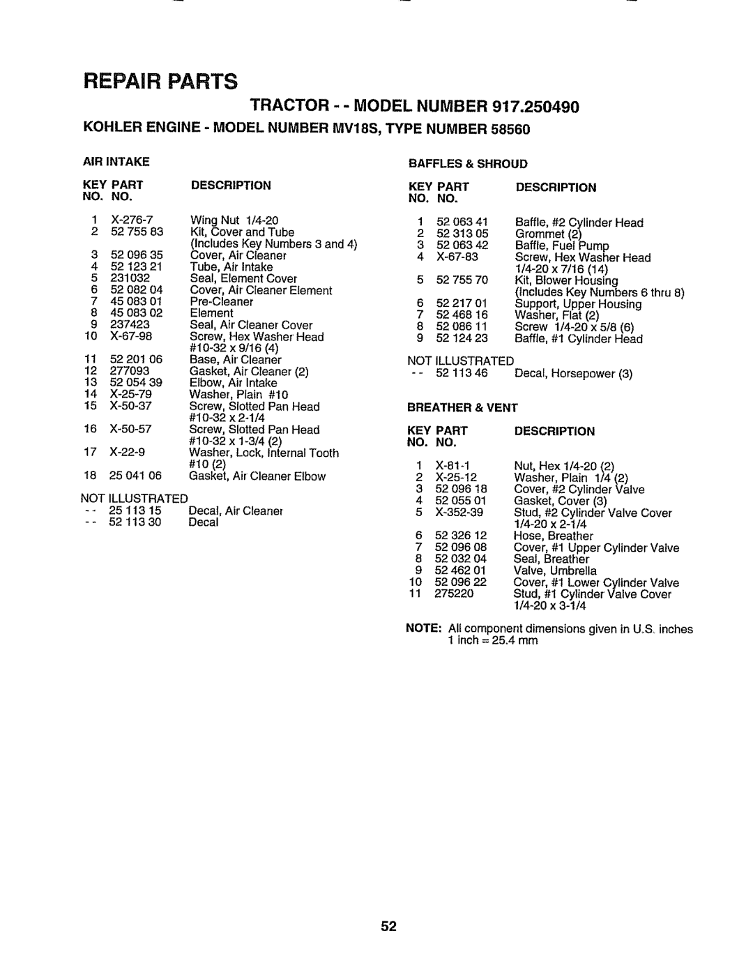 Sears 917.25049 owner manual Kohler Engine Model Number MV18S, Type Number, AIR Intake KEY Part Description 