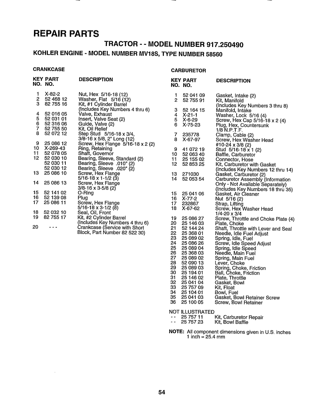 Sears 917.25049 owner manual Crankcase Carburetor KEY Part NO. no Descripon Description, Not Illustrated 