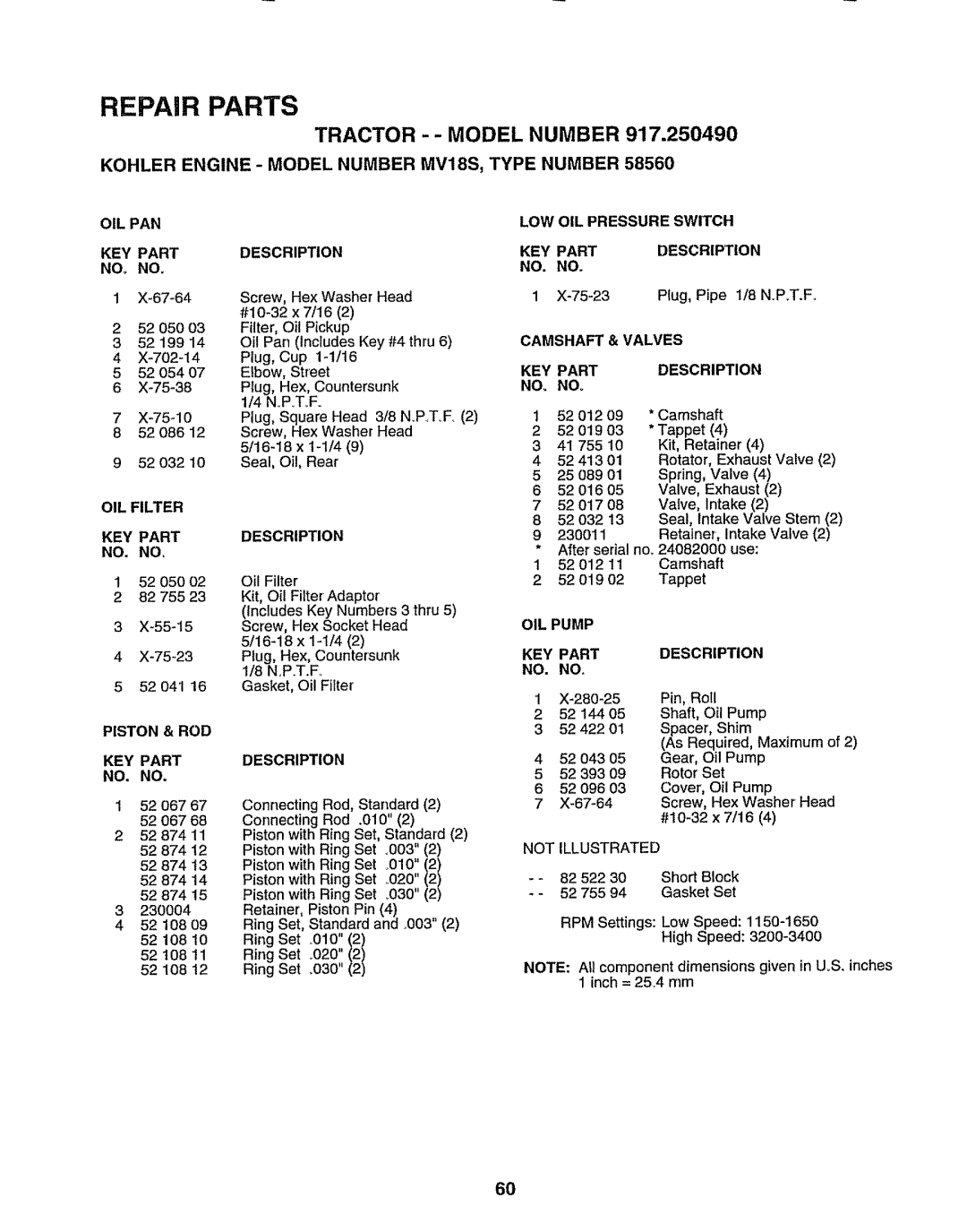 Sears 917.25049 OIL PAN KEY Part, OIL Filter KEY Part NO. no, Piston & ROD KEY Part NO. no, LOW OIL Pressure Switch 