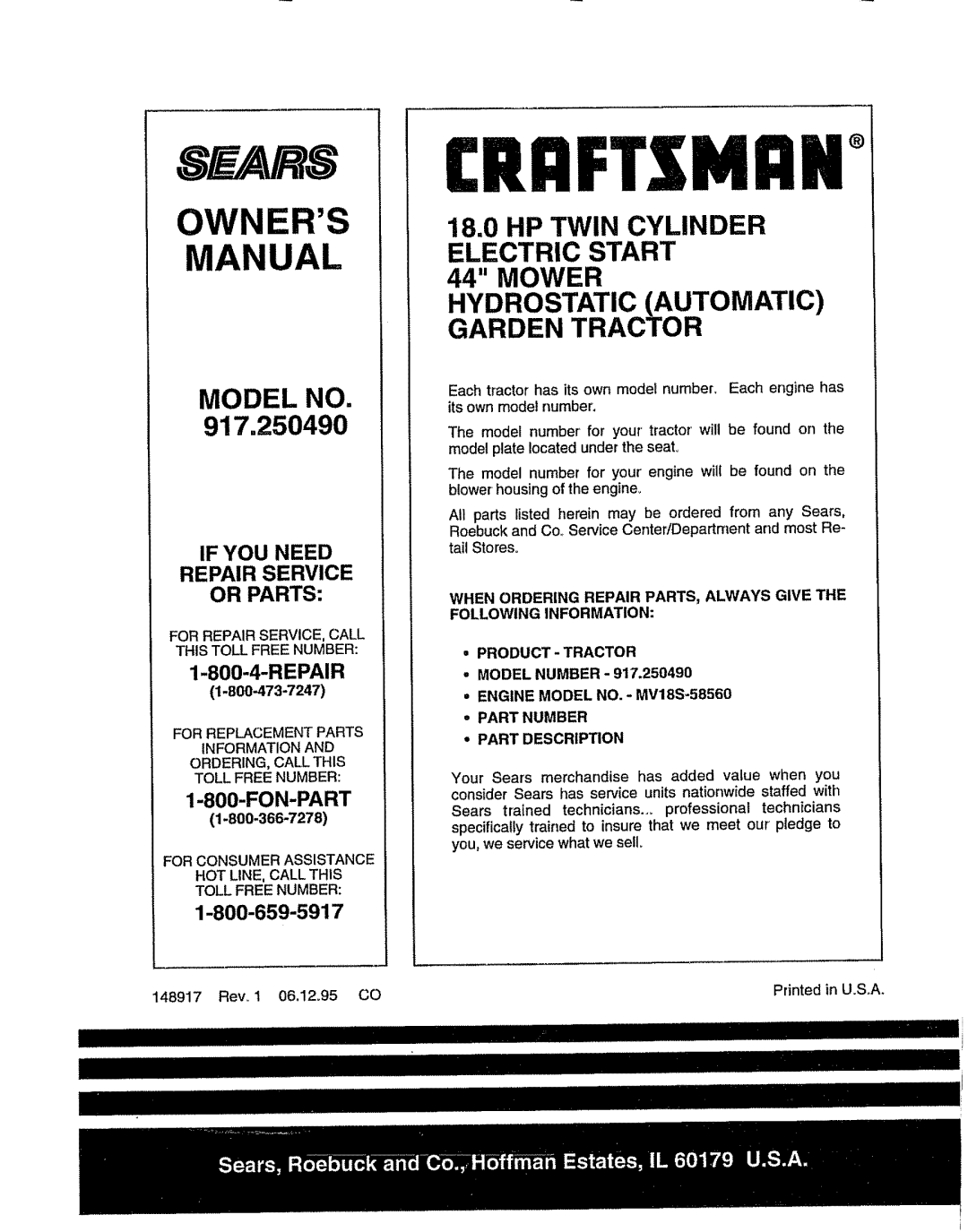 Sears 917.25049 Owners Manual, If YOU Need Repair Service Or Parts, 800473-7247, Model Number Engine Model NO. MV18S-58560 