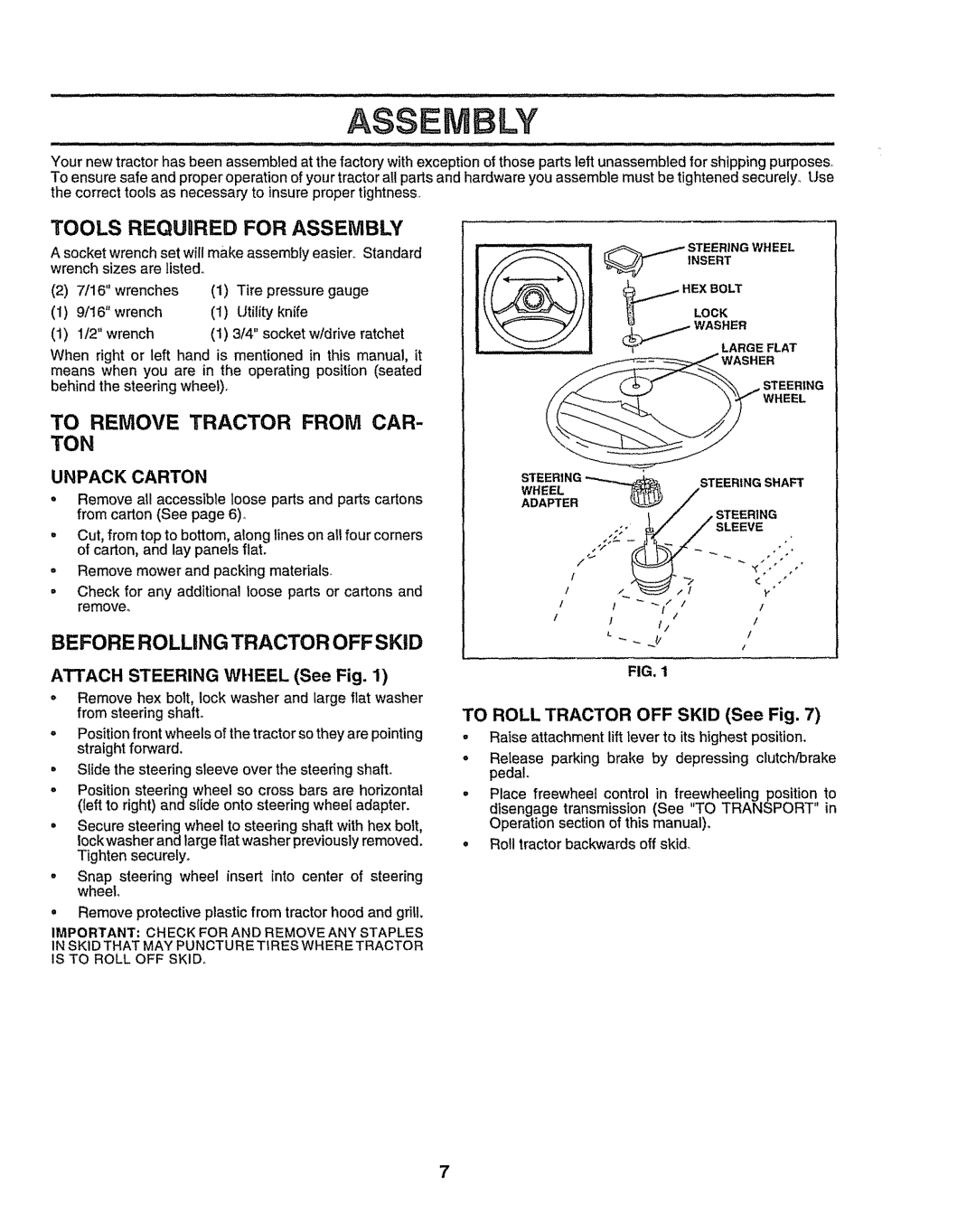 Sears 917.25049 owner manual Tools Requdred for Assembly, Before Rolling Tractor OFF Skid, Attach Steering Wheel See Fig 