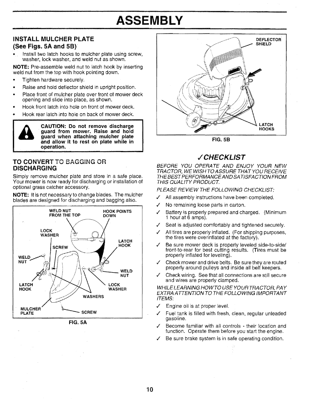 Sears 917.25051 manual Checklist, Install Mulcher Plate, See Figs a and 5B, To Convert to Bagging or Discharging 