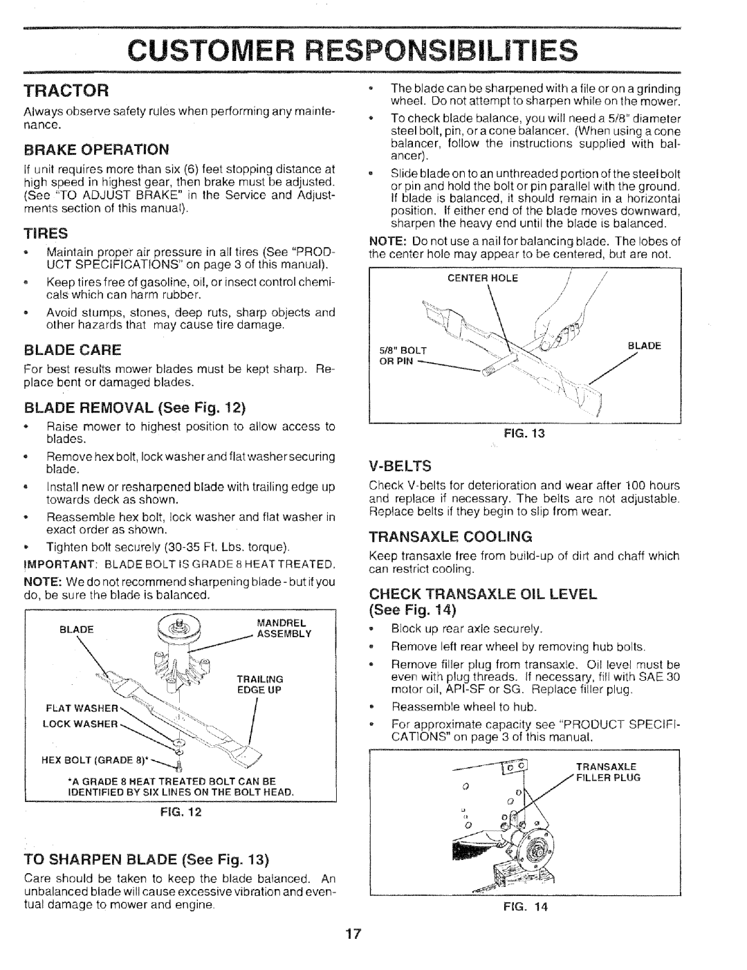 Sears 917.25051 manual Tractor, Brake Operation, Tires, Blade Care, Transaxle Cooling 