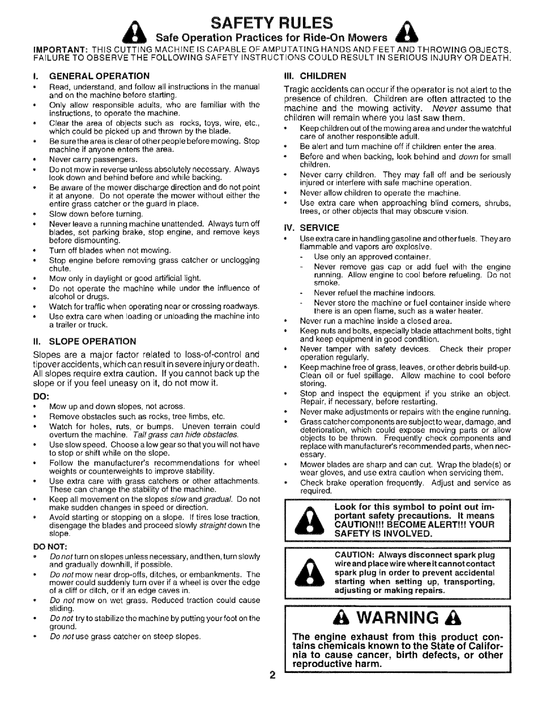 Sears 917.25051 manual Safe Operation Practices for Ride-On Mowers, III. Children, II. Slope Operation 