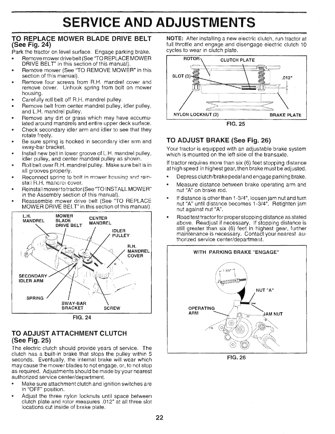 Sears 917.25051 Service, To Replace Mower Blade Drive Belt See Fig, To Adjust Attachment Clutch, To Adjust Brake See Fig 