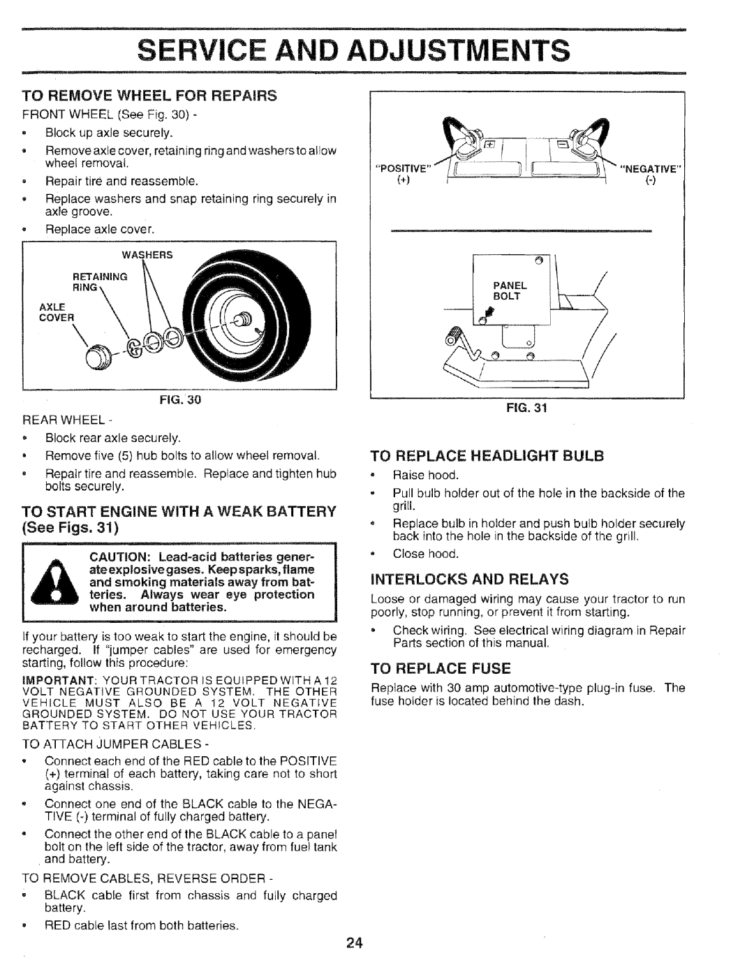 Sears 917.25051 manual Service Adjustments, See Figs, To Replace Headlight Bulb, Interlocks and Relays 