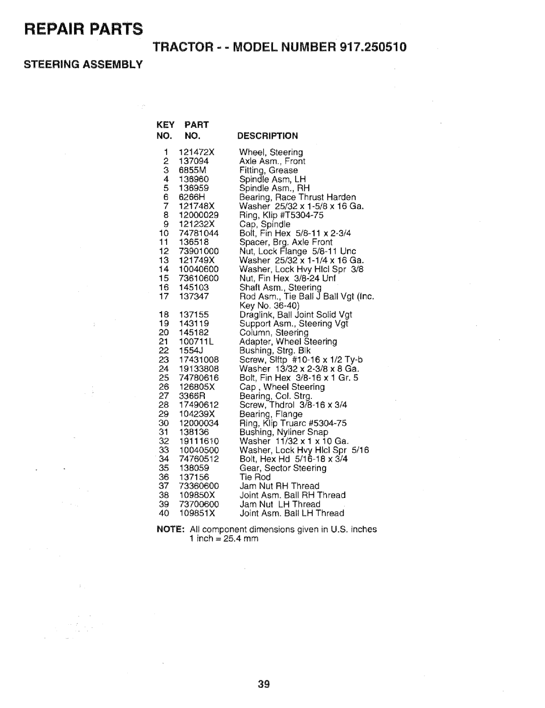 Sears 917.25051 manual Steering Assembly, KEY Part NO, no 