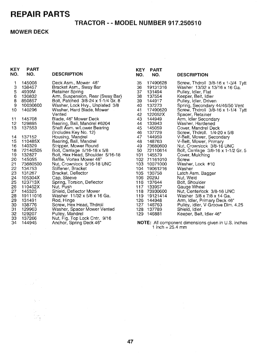 Sears 917.25051 manual Tractor =- Model Number 917,250510, KEY Part 