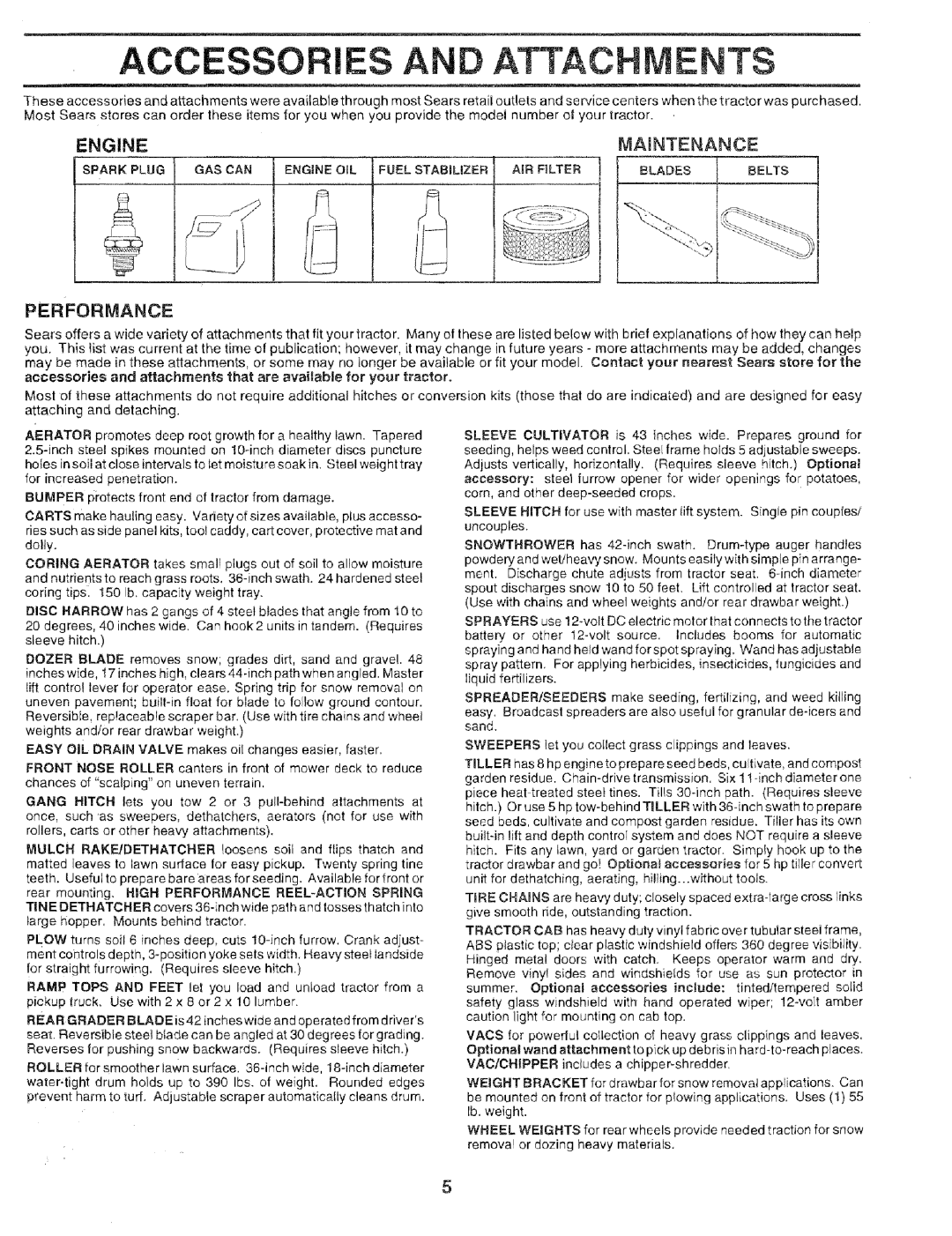 Sears 917.25051 manual Accessori and Attach Ents, Engine, Maintenance, Performance 