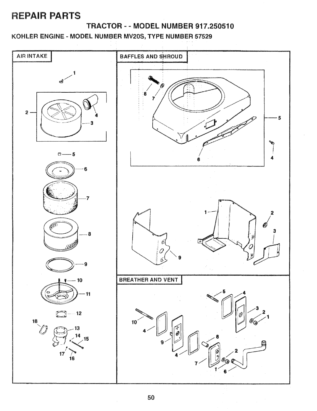 Sears 917.25051 manual Kohler Engine Model Number MV20S, Type Number, Baffles and Roud 