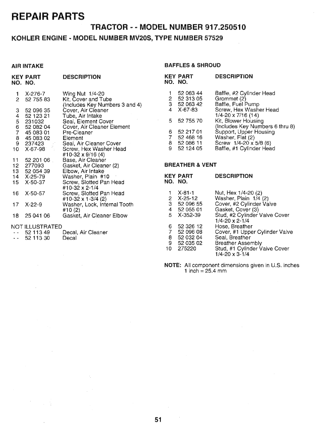 Sears 917.25051 manual Tractor ---MODEL Number, Kohler Engine Model Number MV20S, Type Number, AIR Intake KEY Part NO. no 