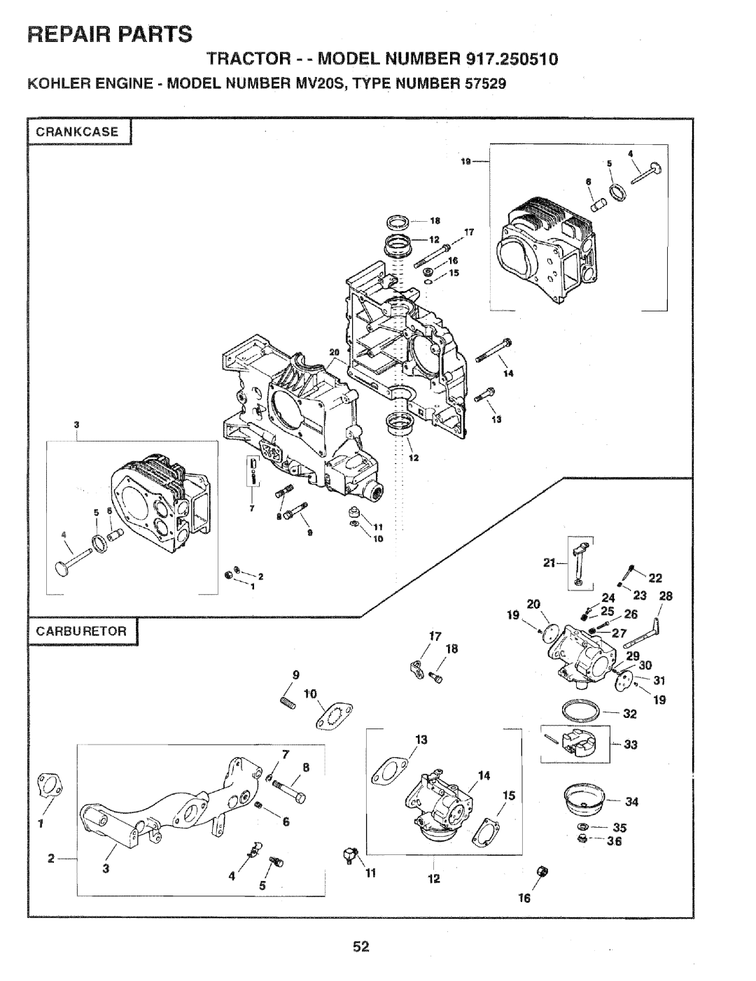 Sears 917.25051 manual Tractor --MODELNUMBER, Kohler Engine = Model Number MV20S, Type Number 