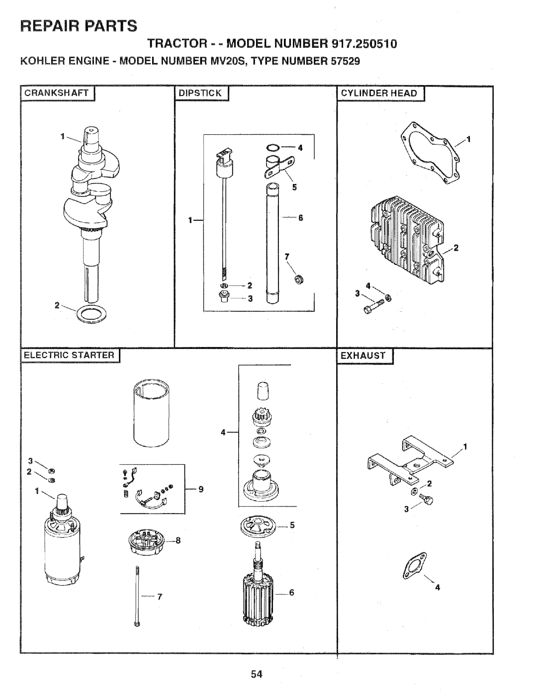 Sears 917.25051 manual Kohler Engine Model Number MV20S Type Number, Crankshaft 