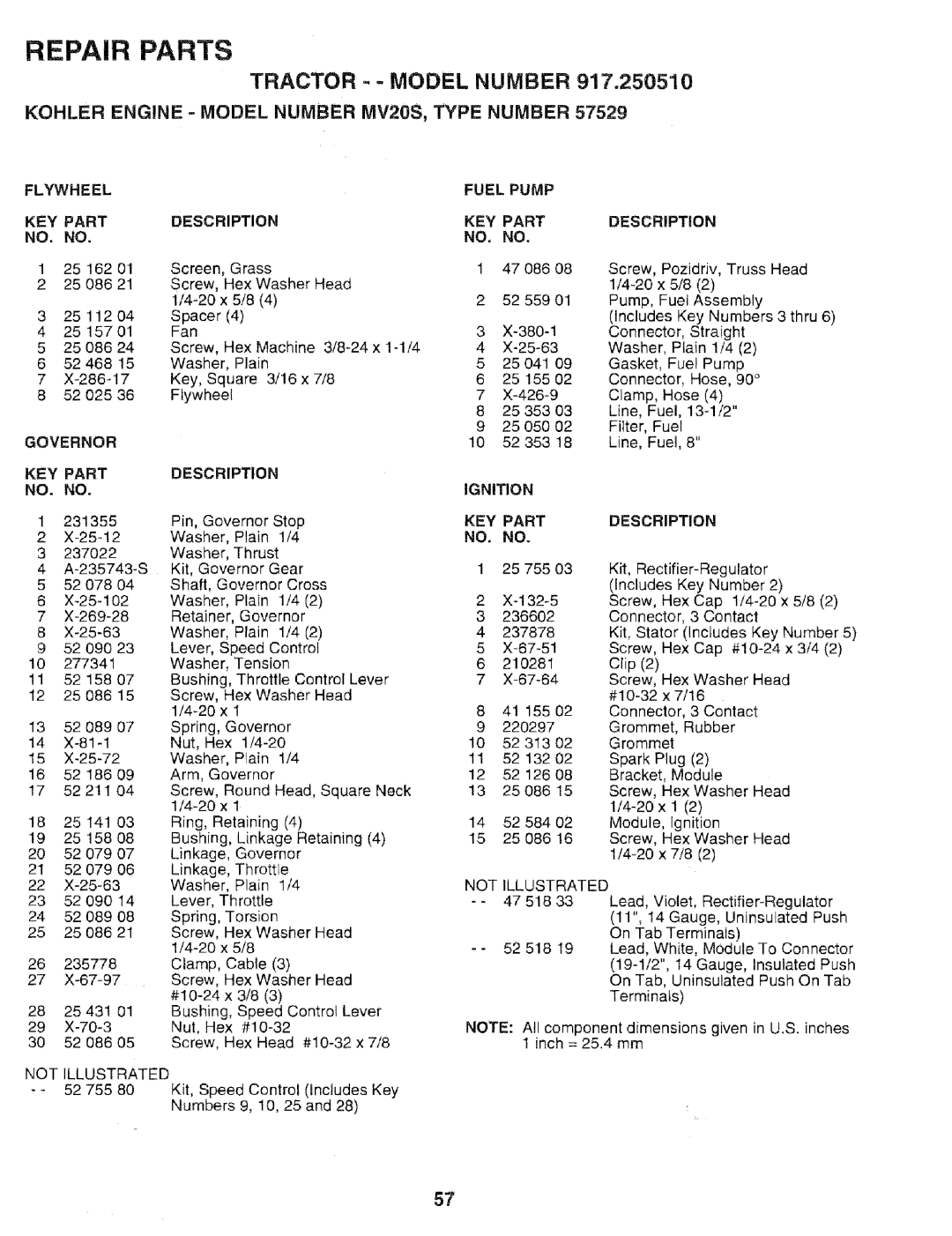 Sears 917.25051 manual Flywheel KEY Partdescription, Fuel Pump KEY Part, NO, no, Governor KEY Part NO. no, Ignition 