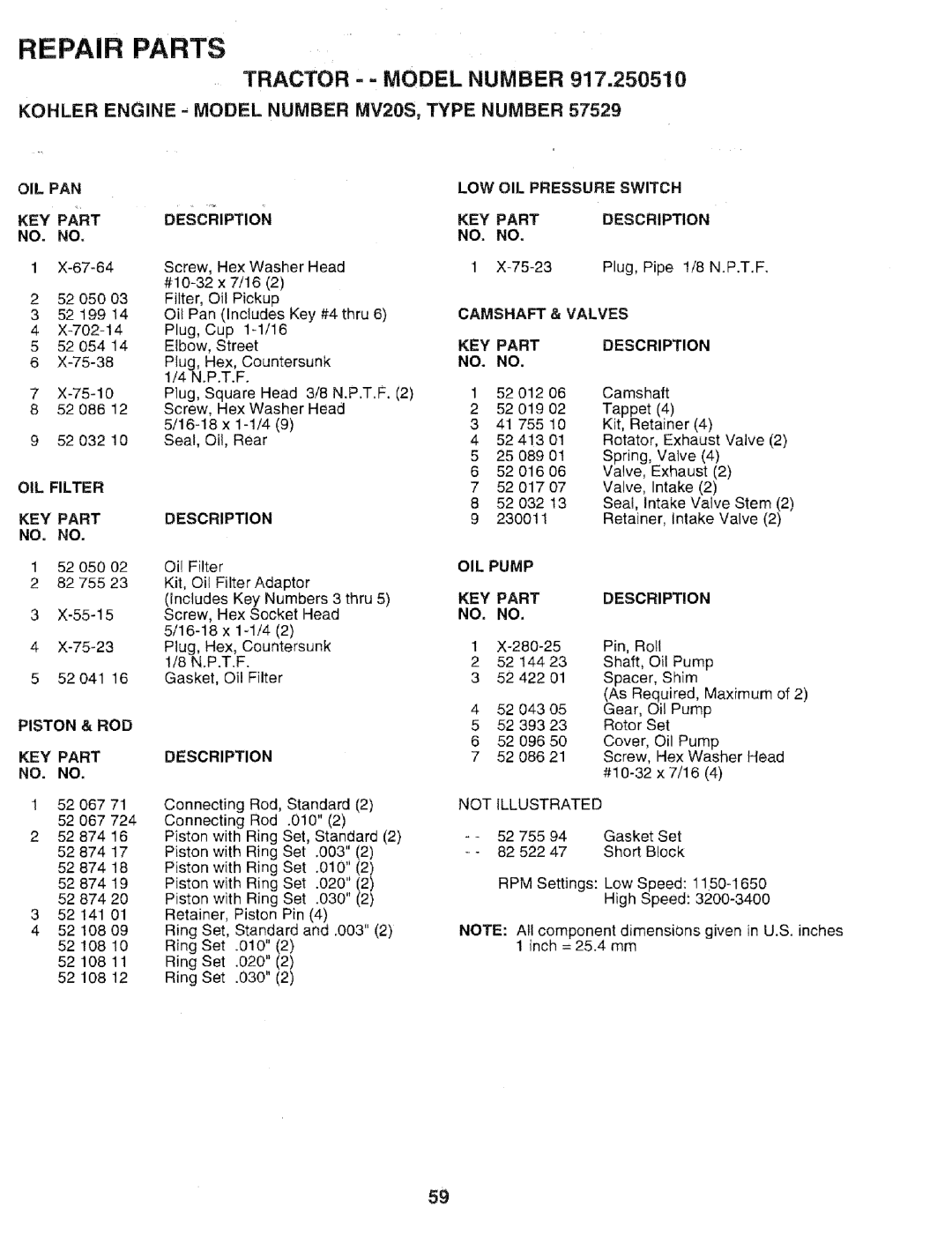 Sears 917.25051 Kohler Engine --MODEL Number MV20S, Type Number, Camshaft & Valves, Piston & ROD KEY Part Description 