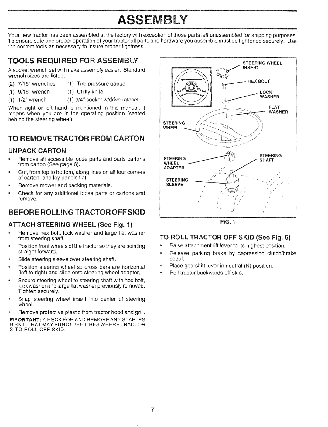 Sears 917.25051 Tools Required for Assembly, To Remove Tractor from Carton, Unpack Carton, Attach Steering Wheel See Fig 