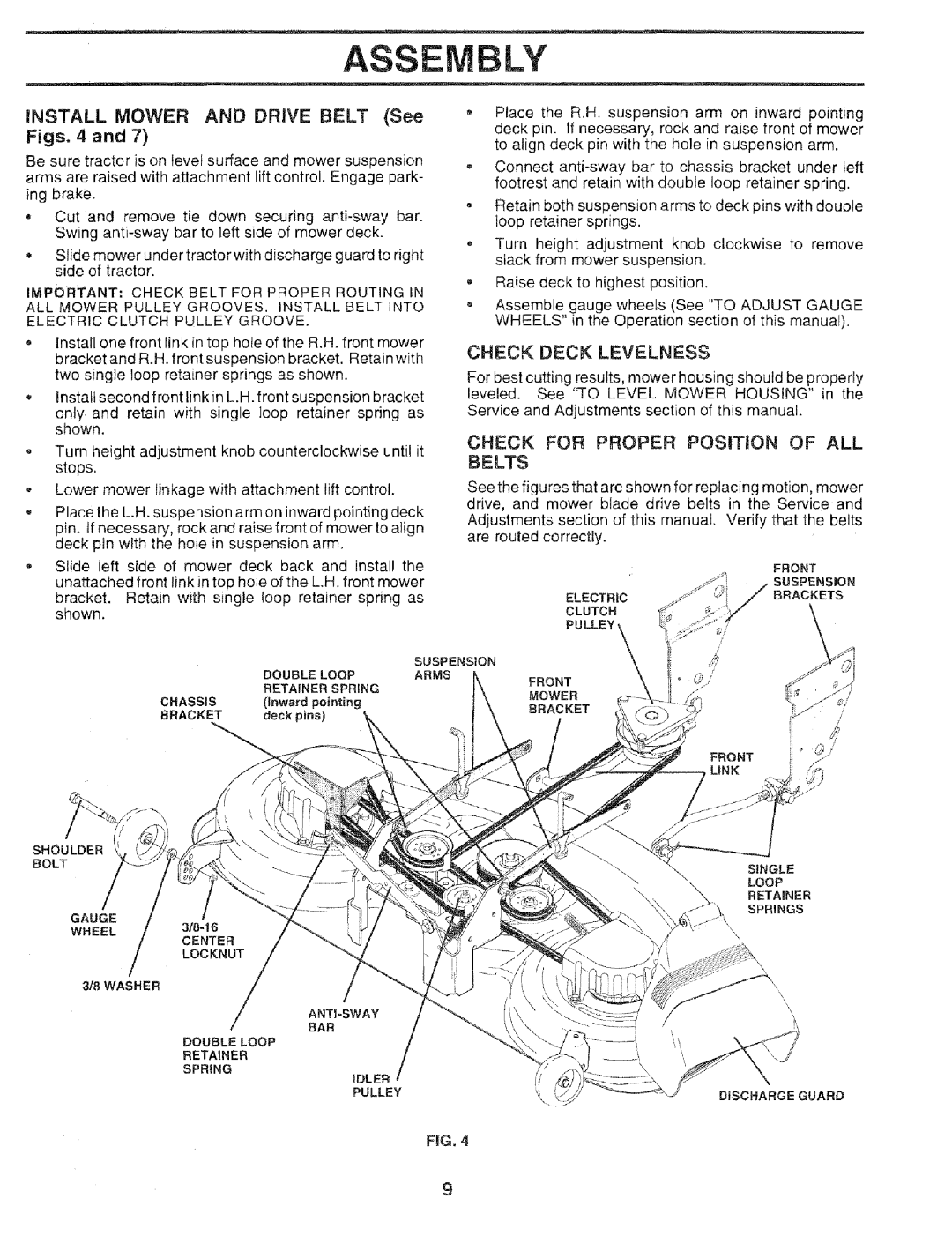 Sears 917.25051 manual Install Mower and Drive Belt See, Figs, Check Deck Levelness, Check for Proper Position of ALL Belts 