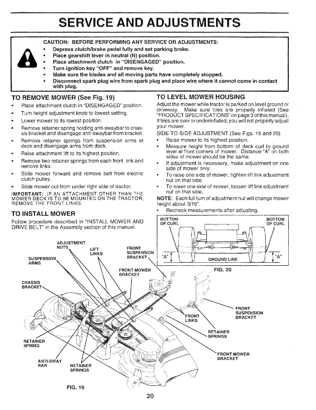 Sears 917.25051 manual Se Ce, Ustm Nts, TO REMOVE MOWER See Fig, To Install Mower, To Level Mower Housing, with plug 