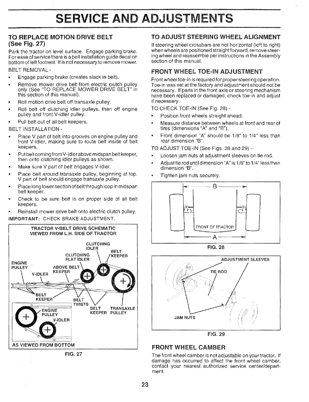 Sears 917.25051 manual Service And Adjustments, TO REPLACE MOTION DRIVE BELT See Fig, To Adjust Steering .Wheel Alignment 