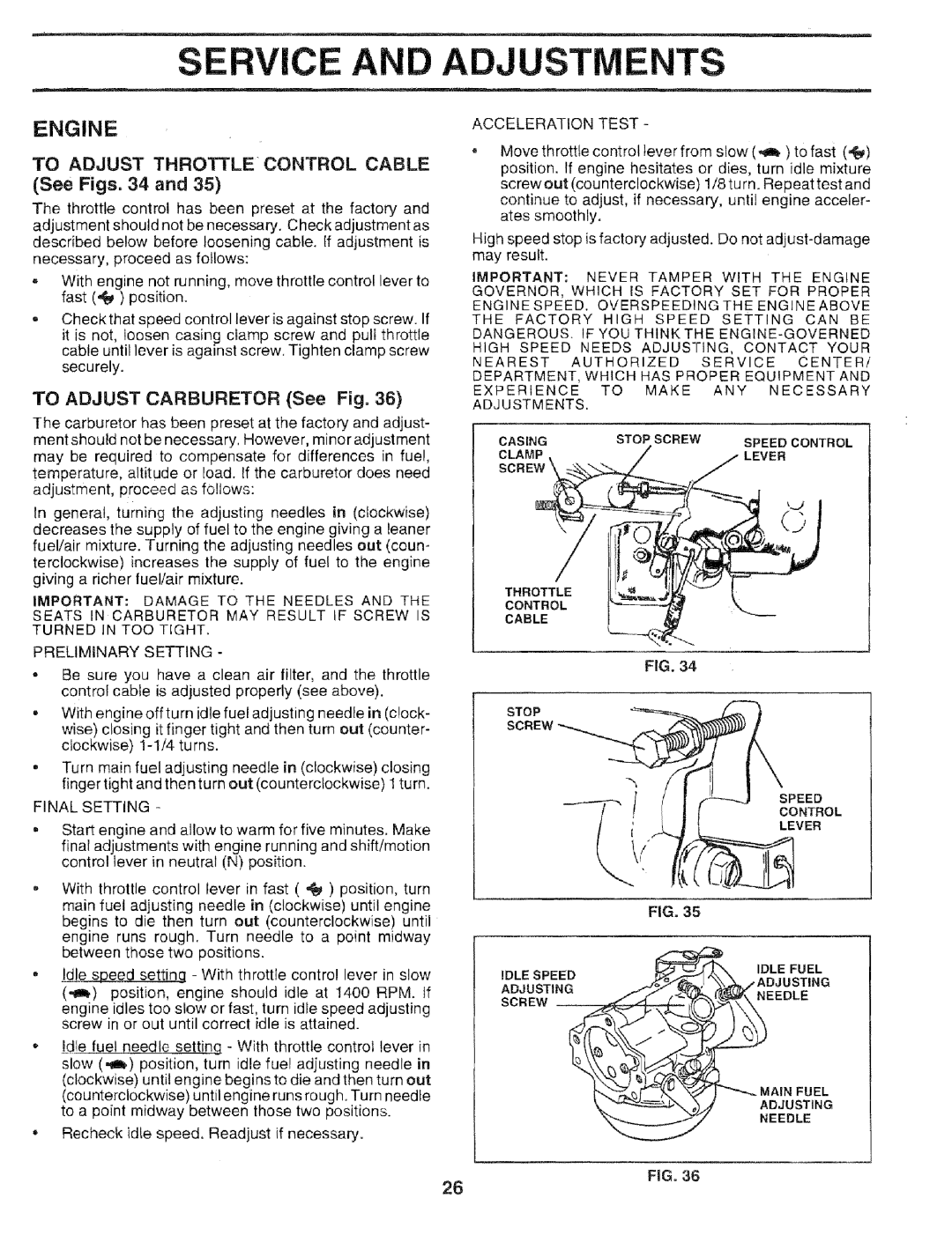 Sears 917.25051 manual RViCE ADJUSTMENTS, Engine, TO ADJUST THROTTLE CONTROL CABLE See Figs. 34 and, FiG 