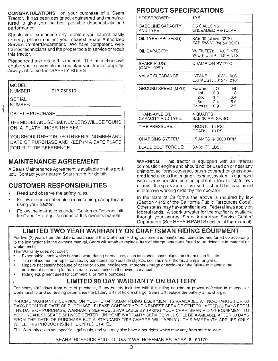 Sears 917.25051 manual Maintenance Agreement, Customer Responsibimties, Product Specifications 