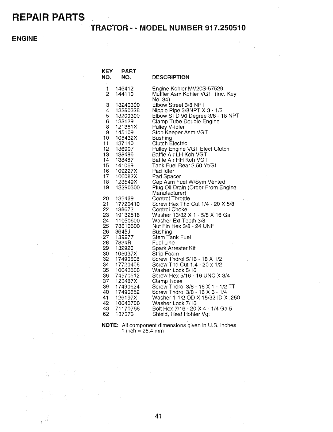 Sears 917.25051 manual Tractor = - Model Number, Repair Parts, Engine, Description 