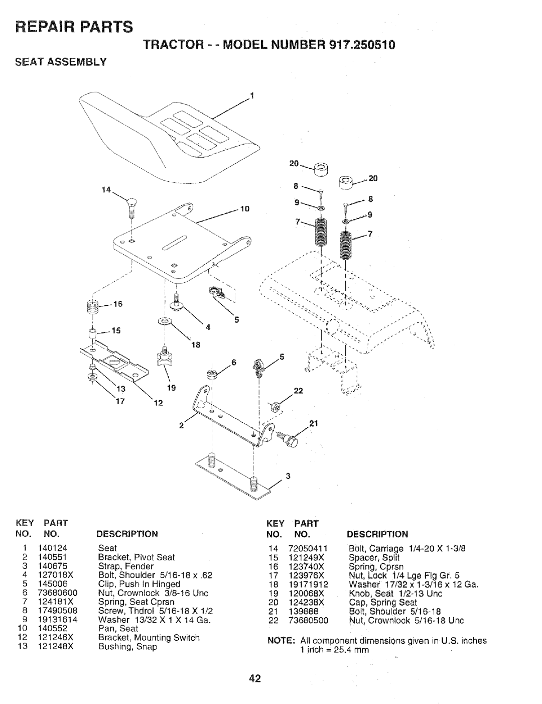 Sears 917.25051 manual Repair Parts, TRACTOR = - MODEL NUMBER 917o250510, Seat Assembly, Key Part No. No. Description 