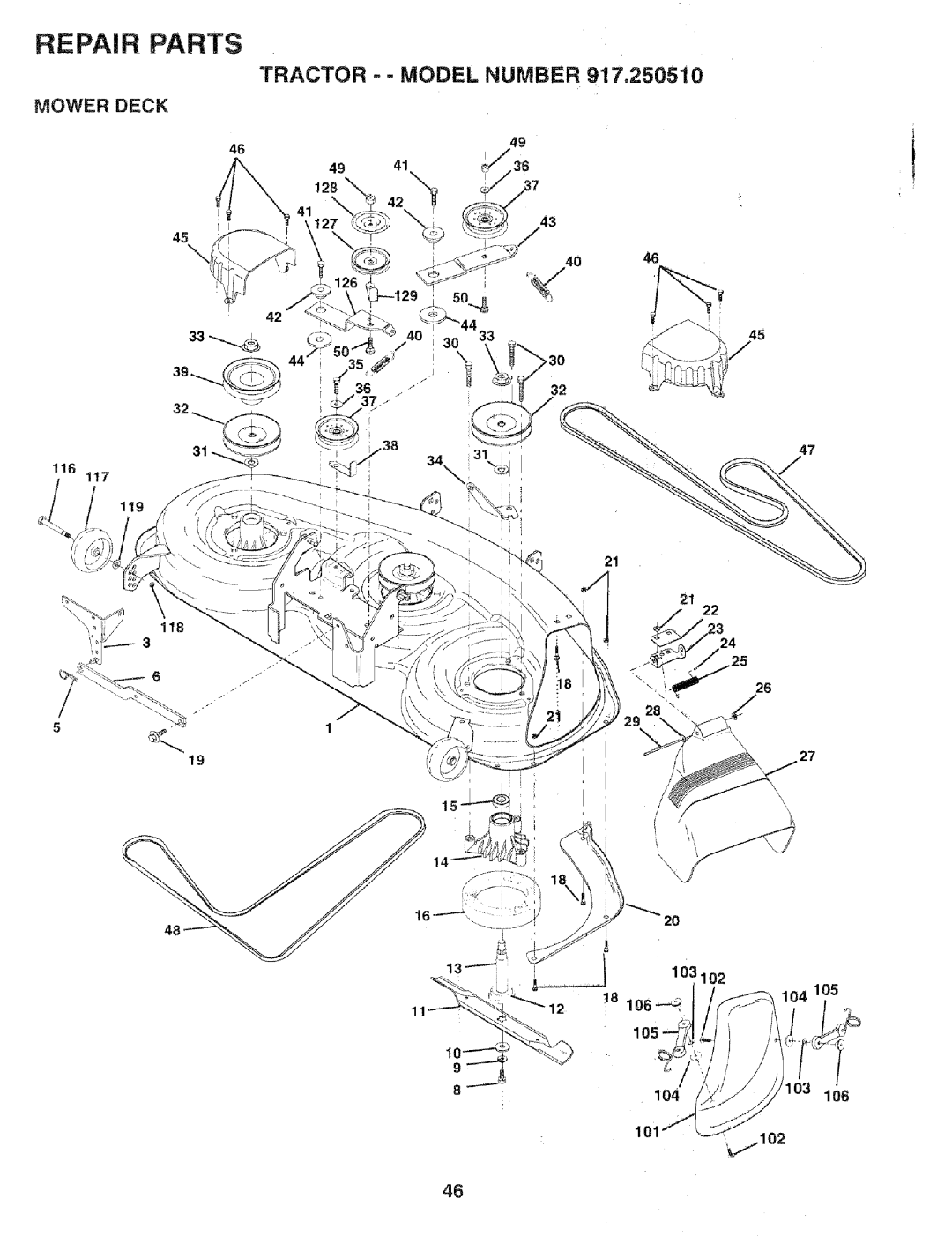 Sears 917.25051 manual Tractor -- Model Number, Repair Parts, Mower Deck, 104 101 