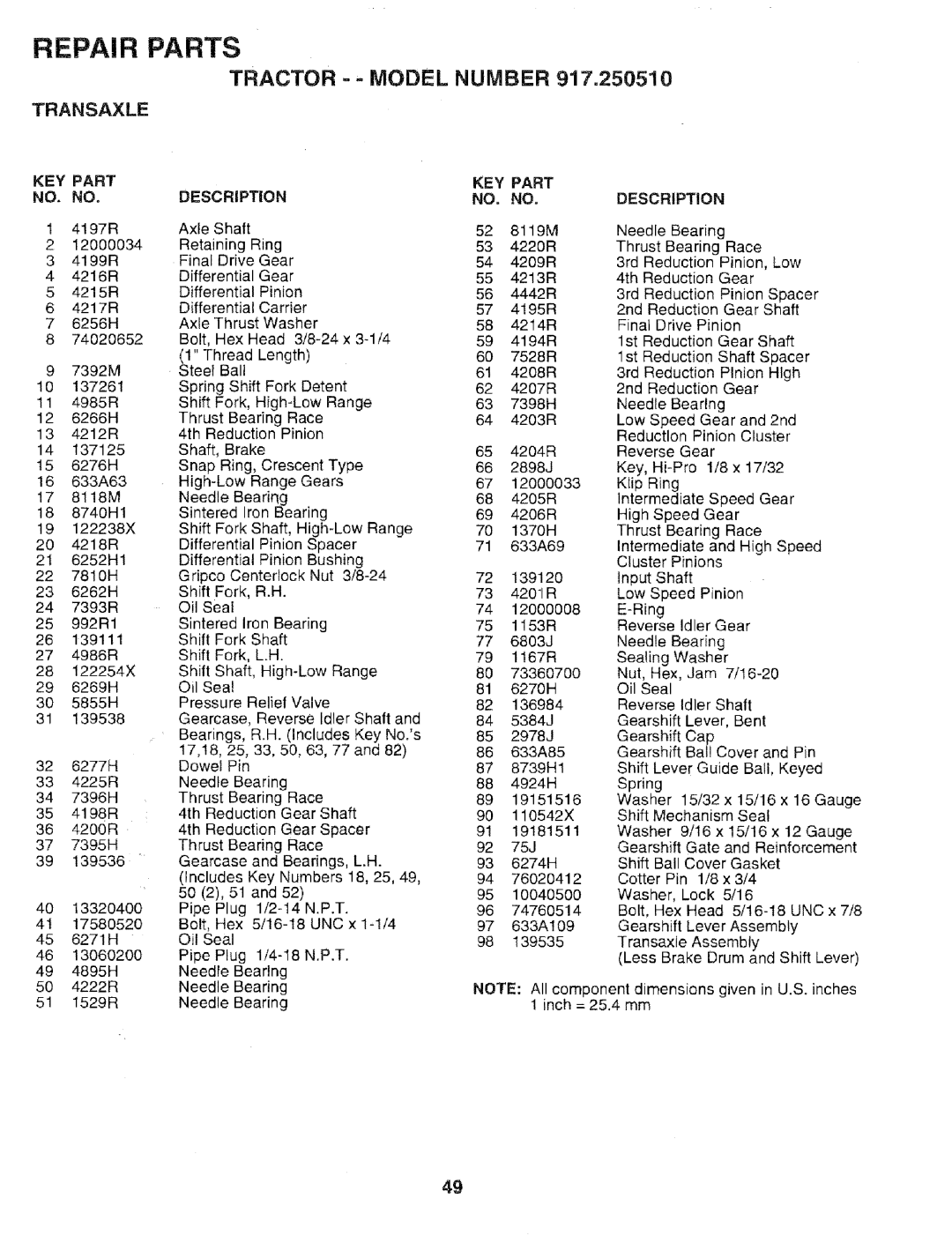 Sears 917.25051 manual TRACTOR o .- MODEL NUMBER 917=250510, Repair Parts, Transaxle, Key Part 