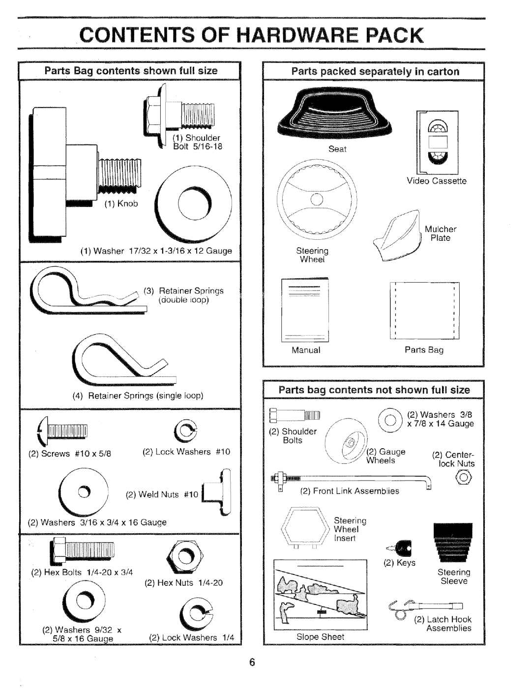 Sears 917.25051 manual Contents, Pack, Parts Bag contents shown, full size, Parts packed separately in carton 