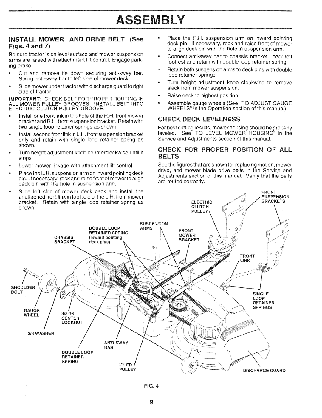 Sears 917.25051 manual Assembly, INSTALL MOWER AND DRIVE BELT See, Figs. 4 and, Check Deck Levelness 