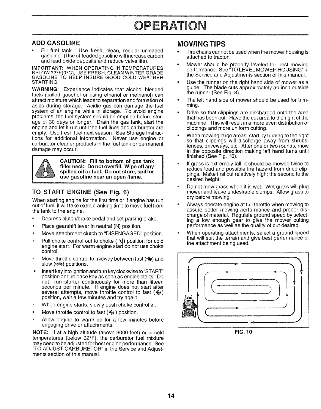 Sears 917.250551 manual ADD Gasoline, To Start Engine See Fig 