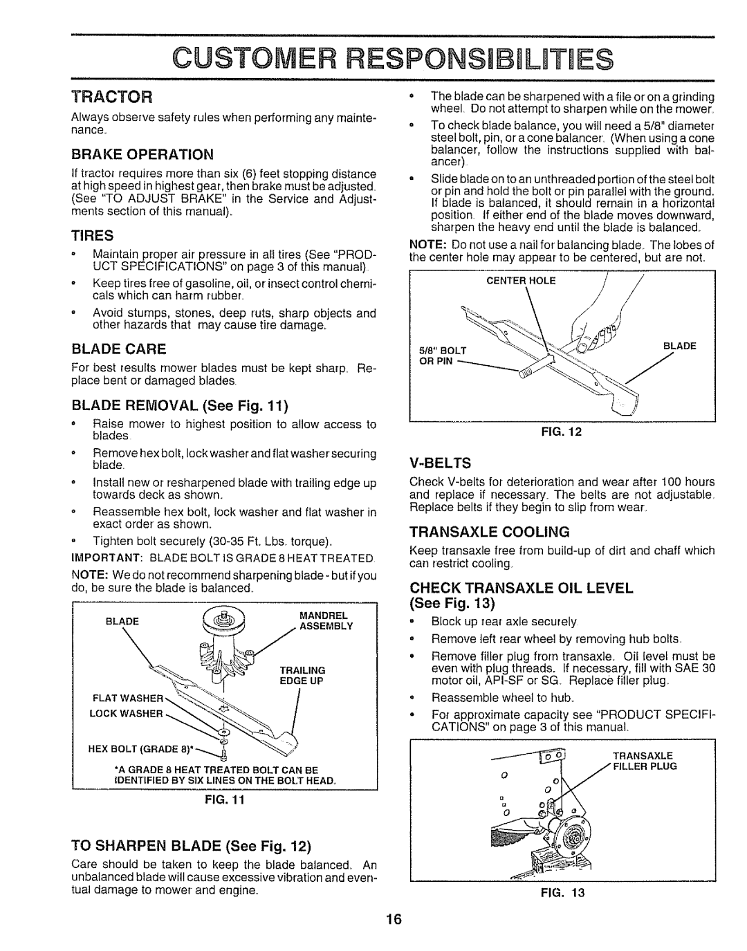 Sears 917.250551 manual Tractor, Brake Operation, Tires, Belts, Transaxle Cooling 