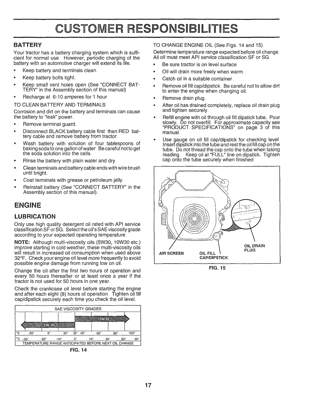 Sears 917.250551 manual Engine, Lubrication, To Clean Battery and Terminals 