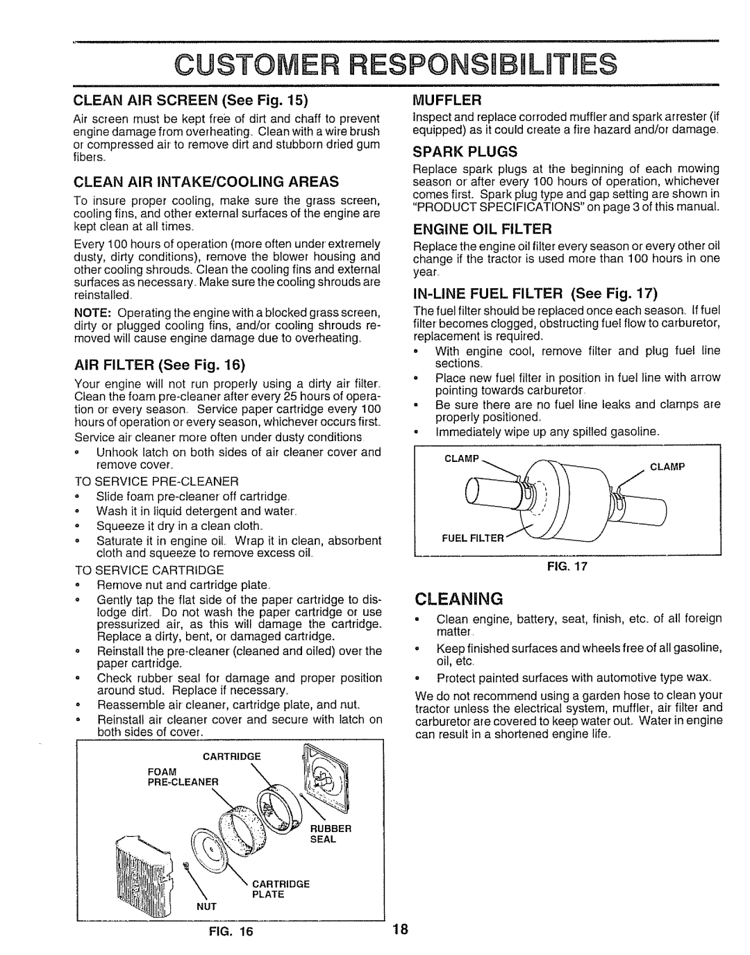 Sears 917.250551 manual Cleaning, Clean AIR INTAKE/COOLING Areas, Sparkplugs, Muffler, Engine OIL Filter 