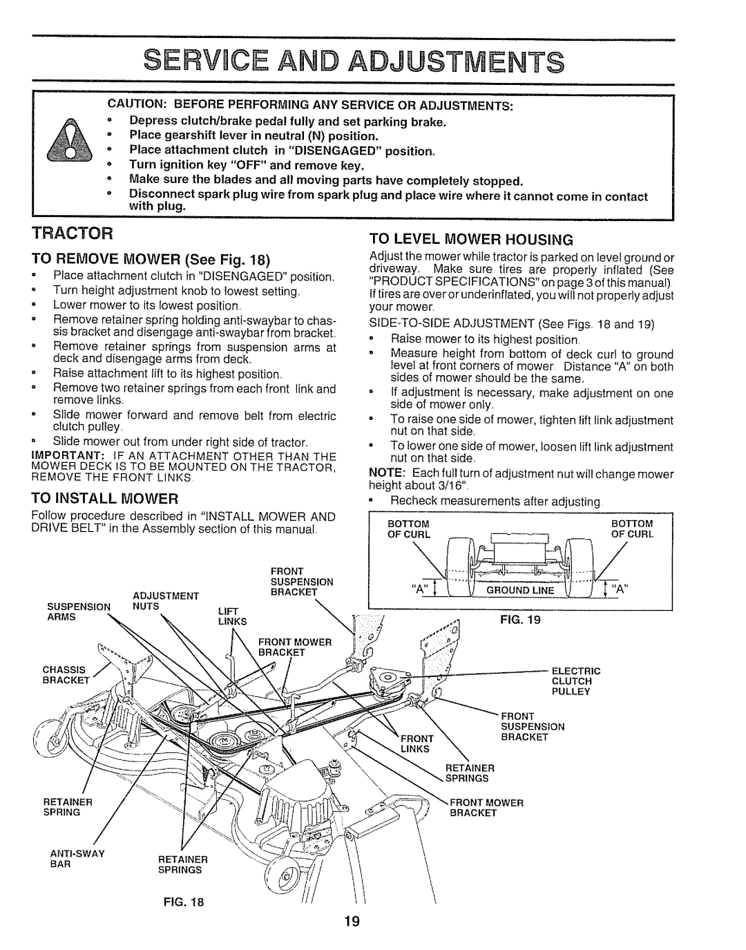 Sears 917.250551 manual Serwce AN Adjustments, Tractor, To Install, To Level Mower Housing 