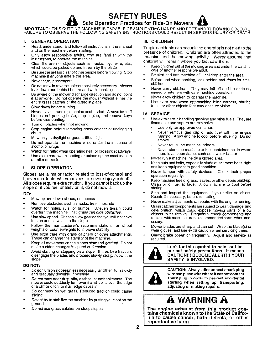 Sears 917.250551 manual II. Slope Operation, III. Children, Safety is Involved, Exhaust 