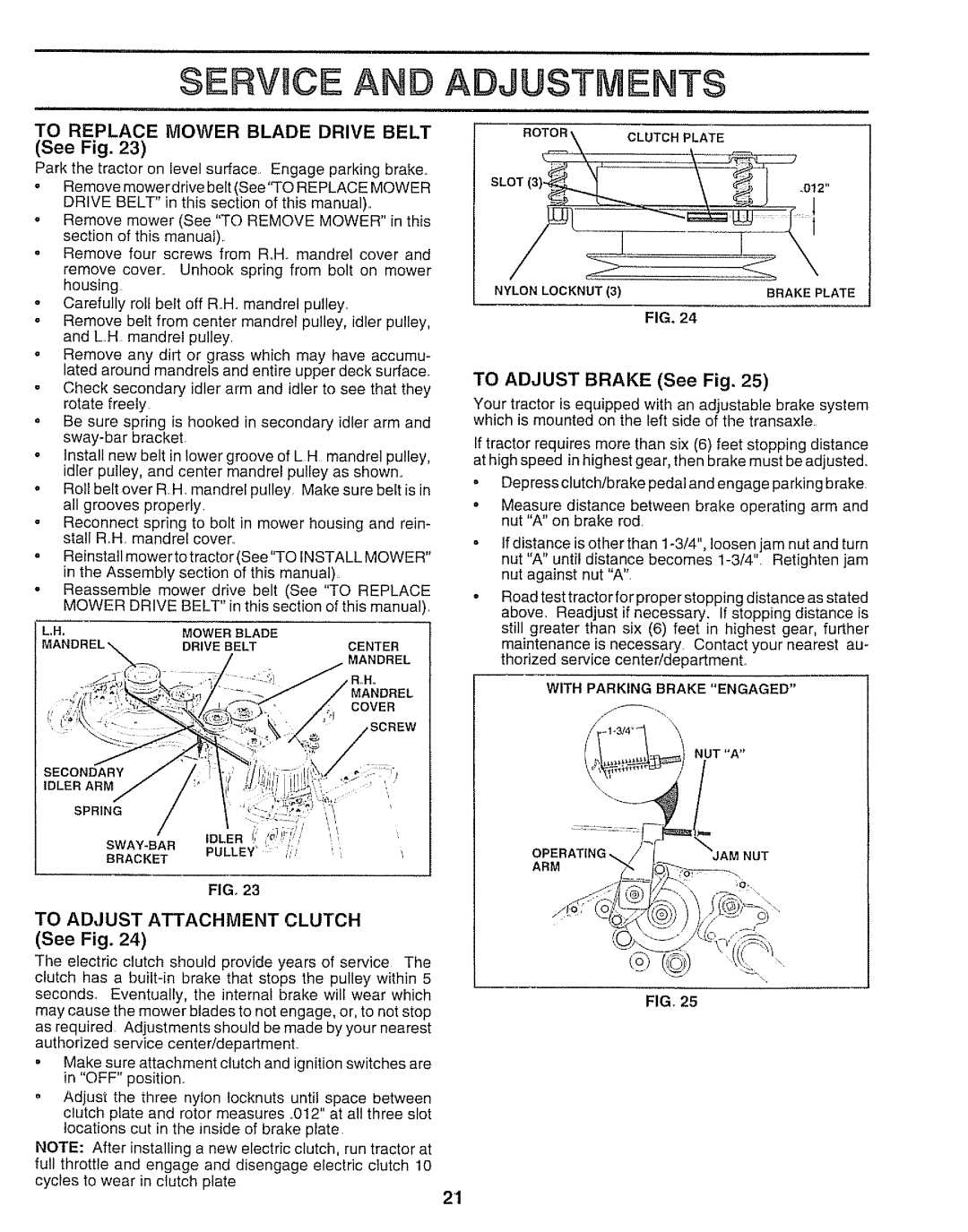 Sears 917.250551 manual Service, Adjustments, To Replace Mower Blade Drive Belt, To Adjust Brake See Fig 