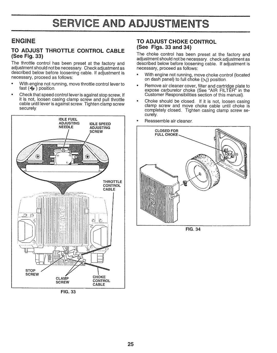 Sears 917.250551 manual Servuce Adjustments, To Adjust Throttle Control Cable, To Adjust Choke Control 